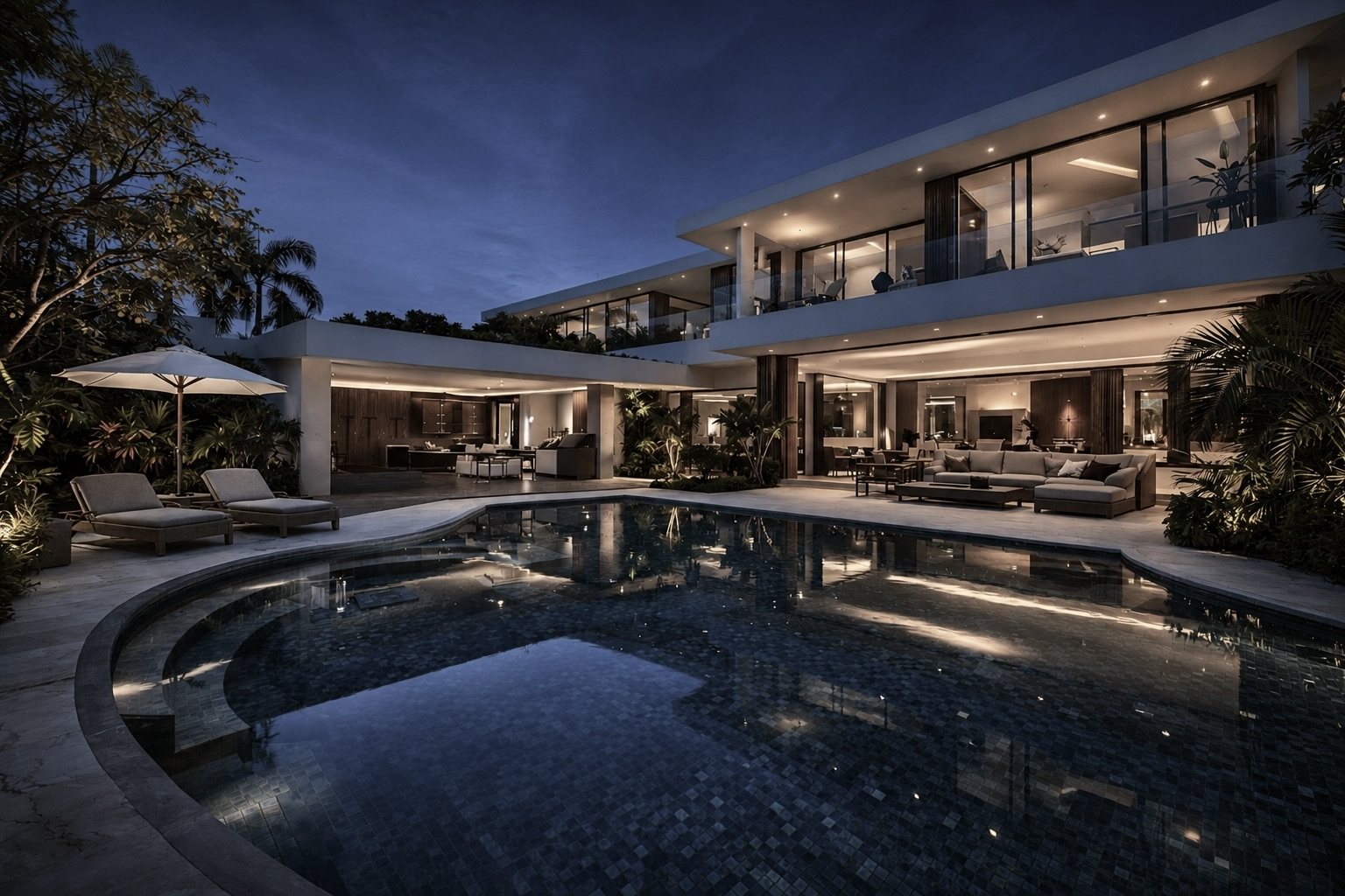Open-plan living wing reflected in a curved infinity pool.